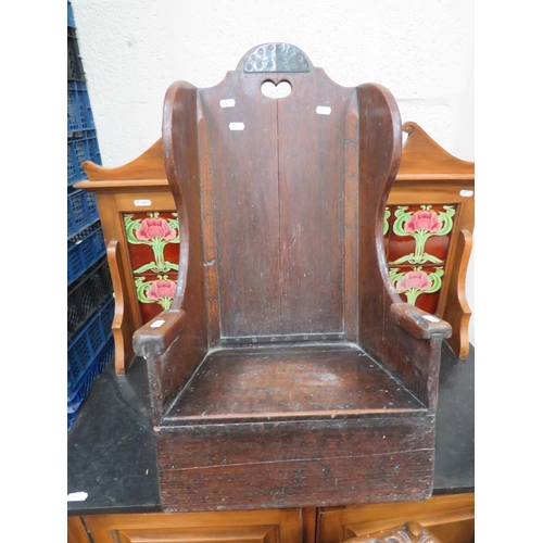 307 - Antique Oak Settle Style Rocking Laming Chair with Metal re enforced joints.  Childs size. Measures ... 