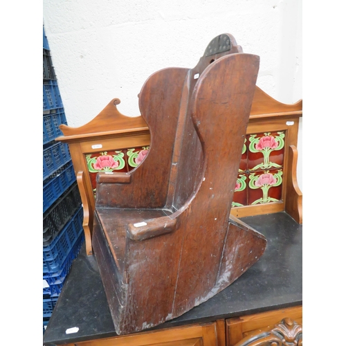 307 - Antique Oak Settle Style Rocking Laming Chair with Metal re enforced joints.  Childs size. Measures ... 