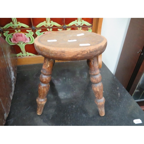 308 - Antique Oak Four legged stool measuring just 9 inches tall with turned legs. See photos