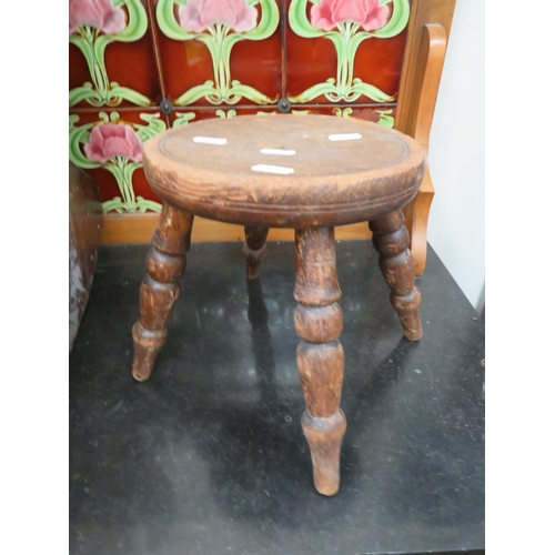 308 - Antique Oak Four legged stool measuring just 9 inches tall with turned legs. See photos