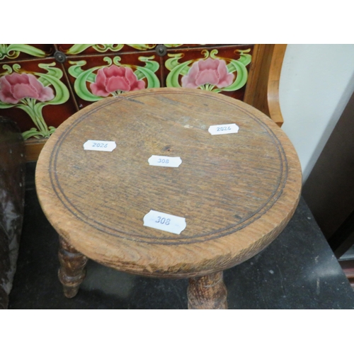 308 - Antique Oak Four legged stool measuring just 9 inches tall with turned legs. See photos