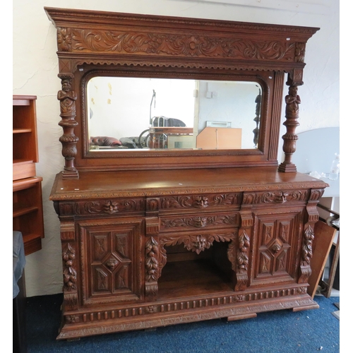 309 - Late 19th Century Imposing Oak Mirror Backed Dresser with Bevelled Glass full width Mirror. Decorate... 