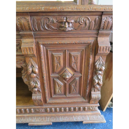 309 - Late 19th Century Imposing Oak Mirror Backed Dresser with Bevelled Glass full width Mirror. Decorate... 