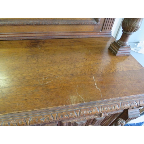 309 - Late 19th Century Imposing Oak Mirror Backed Dresser with Bevelled Glass full width Mirror. Decorate... 