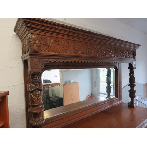 309 - Late 19th Century Imposing Oak Mirror Backed Dresser with Bevelled Glass full width Mirror. Decorate... 