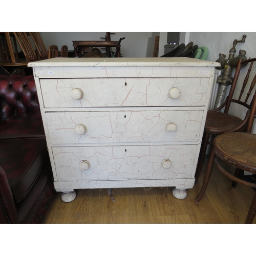 326 - Antique Three Drawer chest raised on Bun Feet. Craquelure finish to paint . H:36 x W:36 x D:19 inche... 