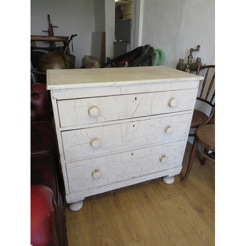 326 - Antique Three Drawer chest raised on Bun Feet. Craquelure finish to paint . H:36 x W:36 x D:19 inche... 