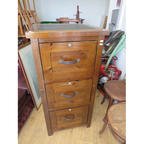 327 - Antique Style Reproduction Three drawer filing cabinet in stained pine. See photos S2