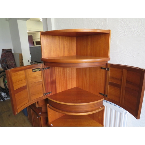 343 - Pair of Mid 20th Century Teak corner quadrant cupboard units by 'Nathan'.   Each H:29 x W:25 x D:18 ... 