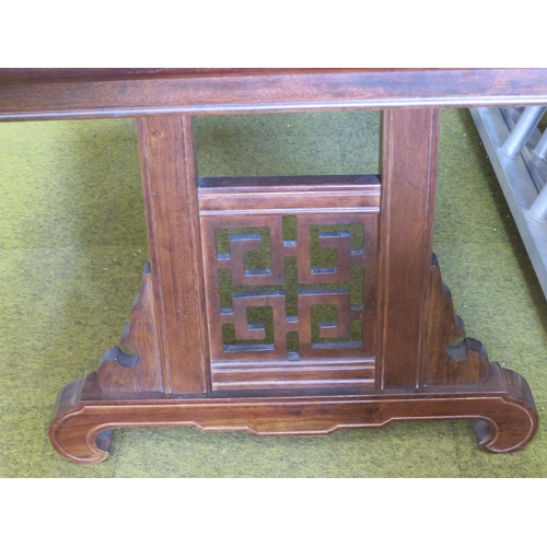 358 - Large Oriental inspied Dining table with detachable extender. Raised on Pierced oriental panel suppo... 