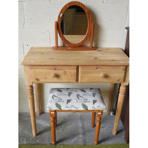 364 - Pine Two Drawer dressing table with pine mirror and matching upholstered seat. H:30 x W:34 x D:16 in... 