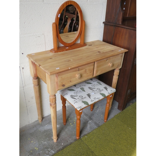 364 - Pine Two Drawer dressing table with pine mirror and matching upholstered seat. H:30 x W:34 x D:16 in... 