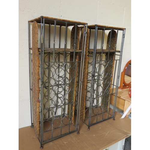 367 - Mached pair of Metal wine bottle rack with raffia tops and shelves.  H:29 x W:15 x D:13 inches. See ... 