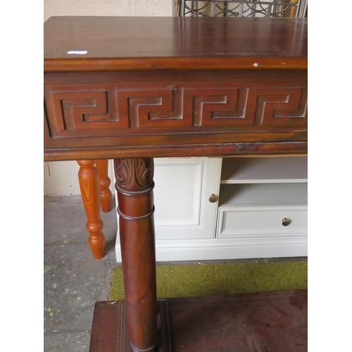 370 - Interesting Mahogany Console table with greek style carved decoration. Raised on a block base and tw... 