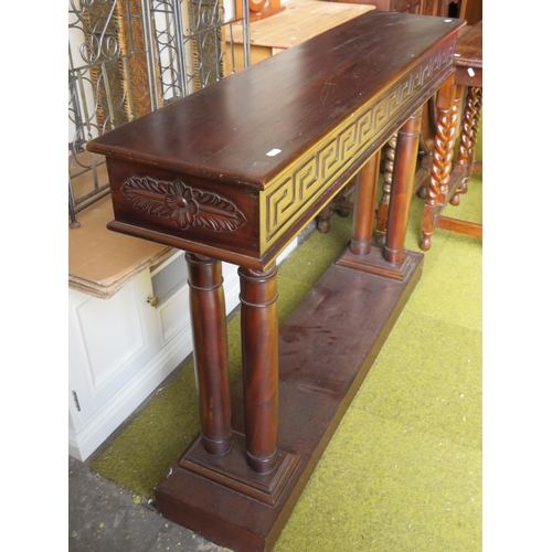 370 - Interesting Mahogany Console table with greek style carved decoration. Raised on a block base and tw... 