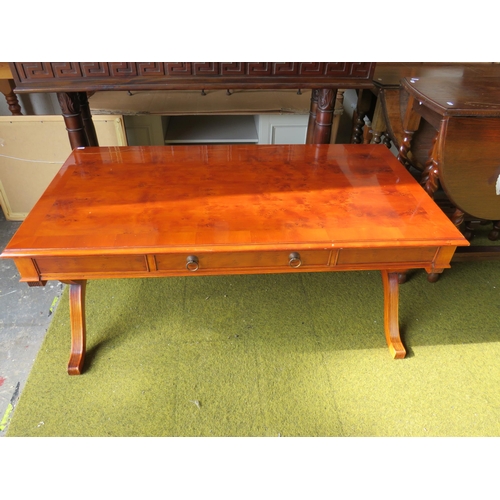 371 - Cherry wood low table with 'X' framed end supports. Measures H:22 x W:47 x D:25 inches. See photos.