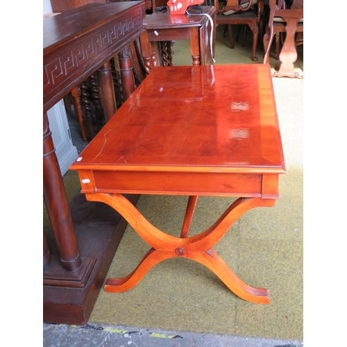 371 - Cherry wood low table with 'X' framed end supports. Measures H:22 x W:47 x D:25 inches. See photos.