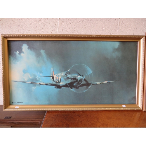 373 - Large photo print of a WW2 Spitfire with signature of Barry AF Clark in gilt frame.  42 x 23 inches.... 