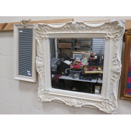 375 - Two white painted fancy framed mirrors , largest with bevelled glass is 24 x 24 inches. See photos.