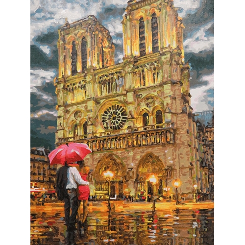 377 - Well Painted Oil on board of Notre Dam Cathedral in the Jack Vettriano style   Framed 22x 19