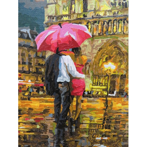 377 - Well Painted Oil on board of Notre Dam Cathedral in the Jack Vettriano style   Framed 22x 19