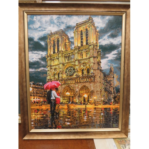 377 - Well Painted Oil on board of Notre Dam Cathedral in the Jack Vettriano style   Framed 22x 19