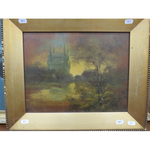 382 - Oil On Board of a European Castle set in Gilt frame, Possibly German WW1 POW piece.. Measures 18 x 1... 