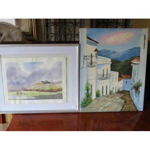 405 - Framed and mounted Watercolour of Swaledale (indistinct signature) plus an unframed oil on Canvas of... 