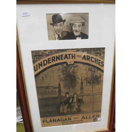 412 - Two Framed Photo prints plus a autographed poster and card by Flanagan and Allen.  See photos.