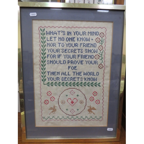 413 - Sampler framed and mounted under glass. Age unknown. 22 x 16 inches.