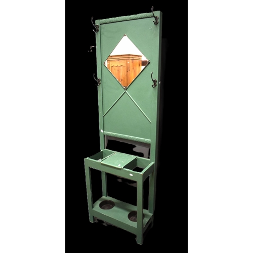 438 - Vintage Hallstand overpainted green, drip tray to bottom.  Approx measurement H:72 x W:22 x D:10 inc... 