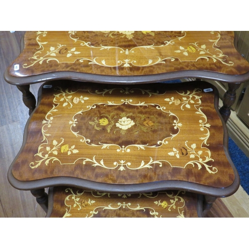 179 - Nest of 3 Floral inlay sorento tables, the largest measures 25.5