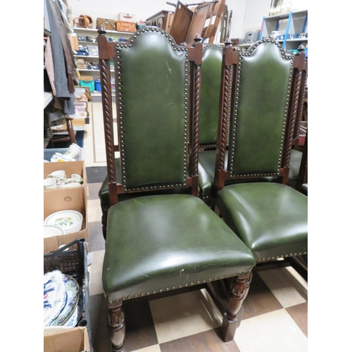 182 - 6 oak carved green leather high backed dining chairs with brass button detail, 45