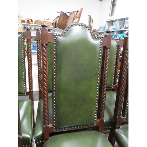 182 - 6 oak carved green leather high backed dining chairs with brass button detail, 45