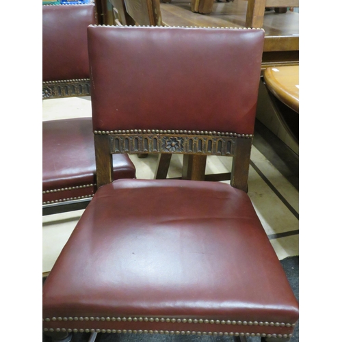 183 - 6 oak carved red leather dining chairs with brass button detail, 34