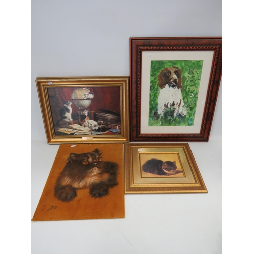 482 - Two Framed and Mounted Cat prints plus one Velvet cat print along with a Framed and mounted Original... 