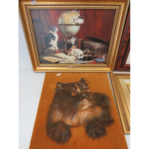 482 - Two Framed and Mounted Cat prints plus one Velvet cat print along with a Framed and mounted Original... 