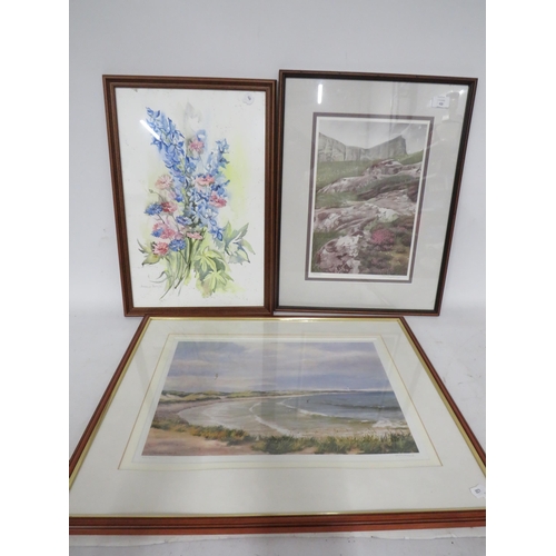 432 - Framed signed watercolour of flowers and 2 signed prints.   See photos   S2