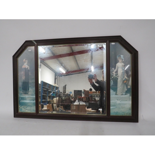 463 - Bevel edge mirror with panels to each side of Victorian ladies, 43.5