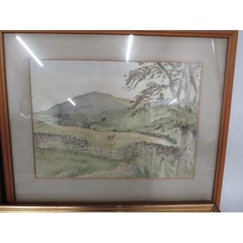 465 - Hand drawn picture of a bird in flight, a water colour of a field scene and 2 framed prints.