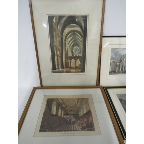 467 - 6 Framed prints of Cathedrals, Abby, Collage and Hunting.