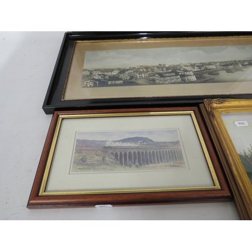 476 - Various framed art pictures including a Abstract print, vintage photo of a Nordic town, Oil on board... 