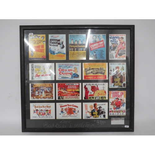 480 - Framed Selection of Carry on film Billboard post cards with the Signatures of Barbara Windsor and Li... 