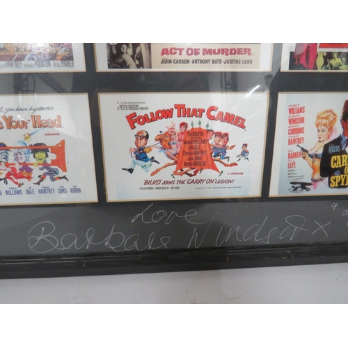 480 - Framed Selection of Carry on film Billboard post cards with the Signatures of Barbara Windsor and Li... 