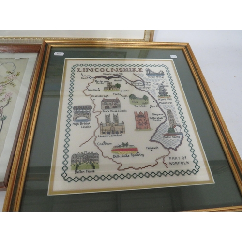 483 - Pastel of Wasdale in the lake district plus 2 framed embroided pictures one for Lincolnshire.