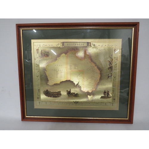 486 - Framed Gold coloured engraved map of Australia, 27