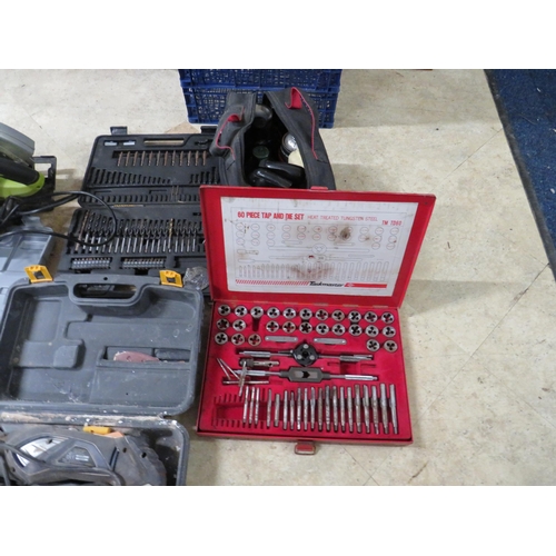 504 - Selection of various hand tools, Tap and dye set, bicycle repair kit, socket set etc.