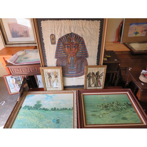 392 - Egyptian papyrus style prints plus others . Largest 32 x 26 inches