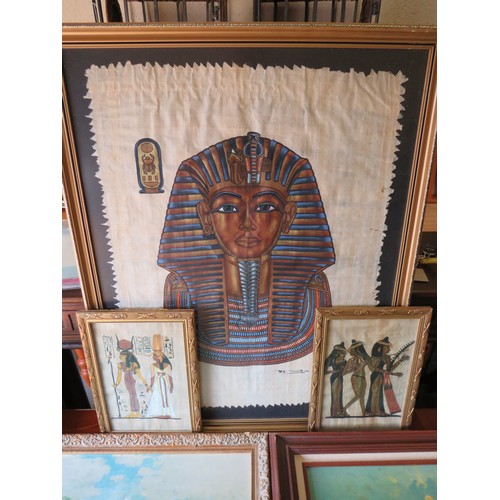 392 - Egyptian papyrus style prints plus others . Largest 32 x 26 inches