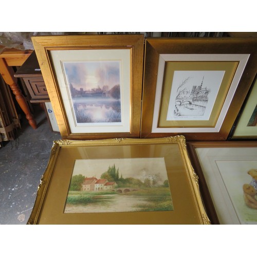 397 - Assorted prints plus two original watercolours. Largest 23 x 21 inches. See photos.